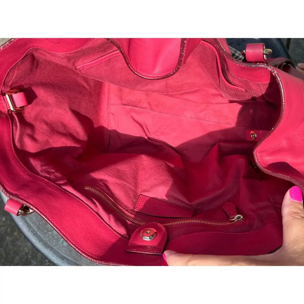 Vtg BURBERRY Red Leather Nova Check Strap Tote Bag Slouchy Hobo Shoulder Handbag